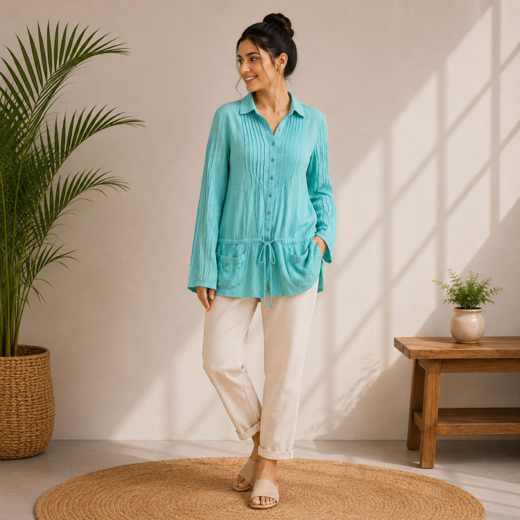 Aqua Blue Pleated Casual Tunic