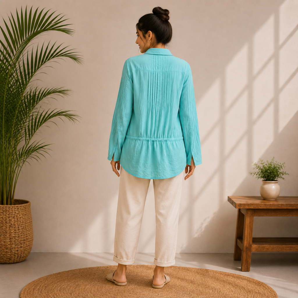 Aqua Blue Pleated Casual Tunic Back