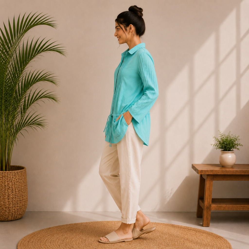 Aqua Blue Pleated Casual Tunic Side