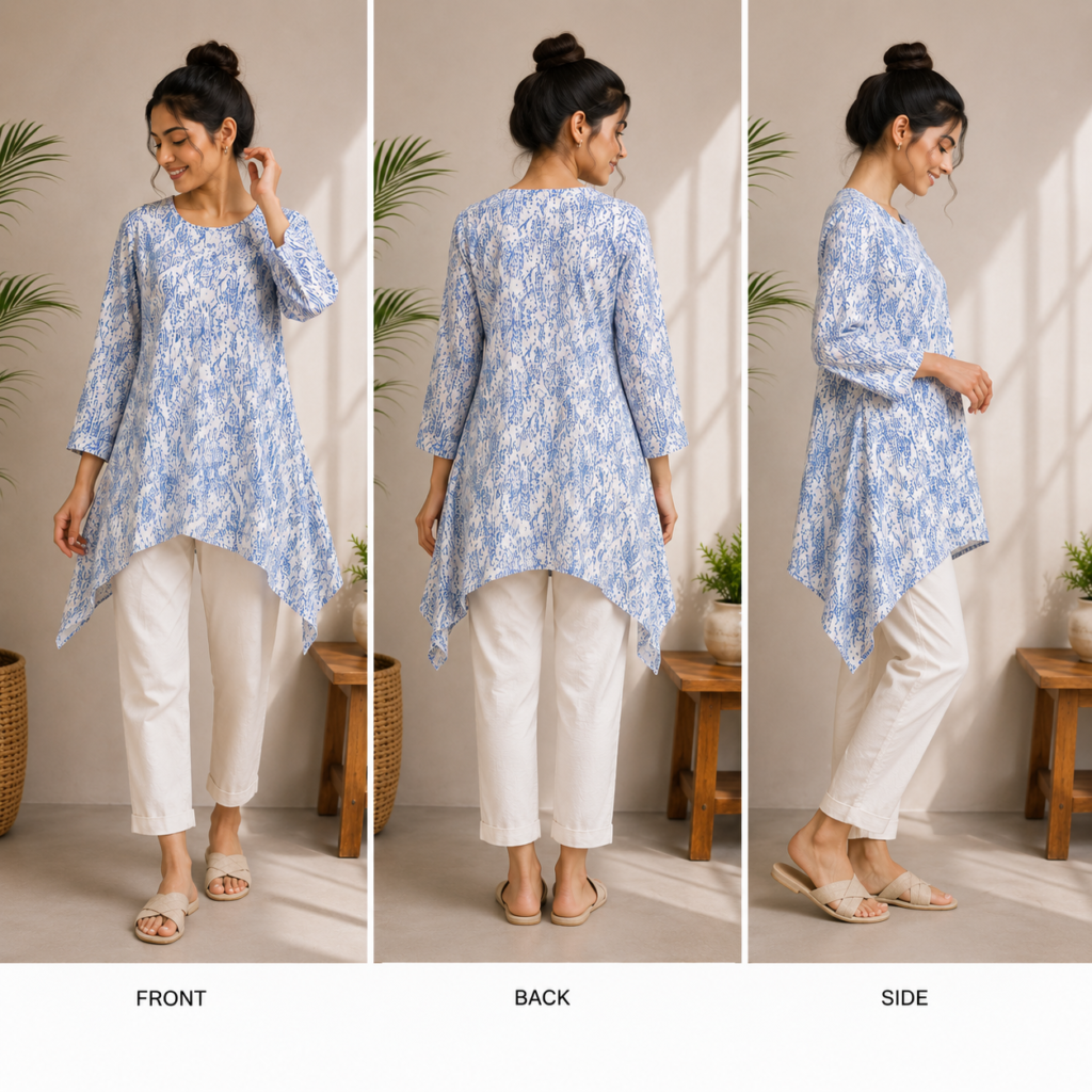 Blue & White Printed Asymmetric Tunic