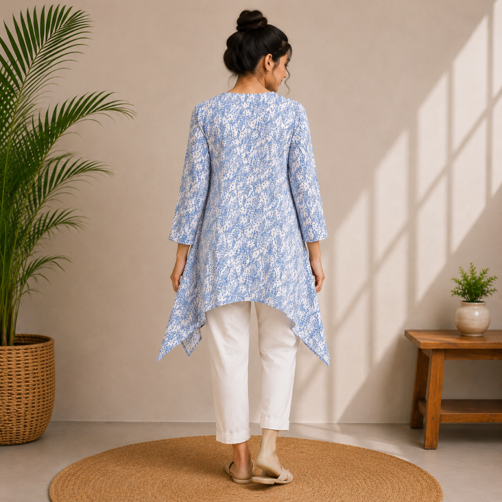 Blue & White Printed Asymmetric Tunic Back