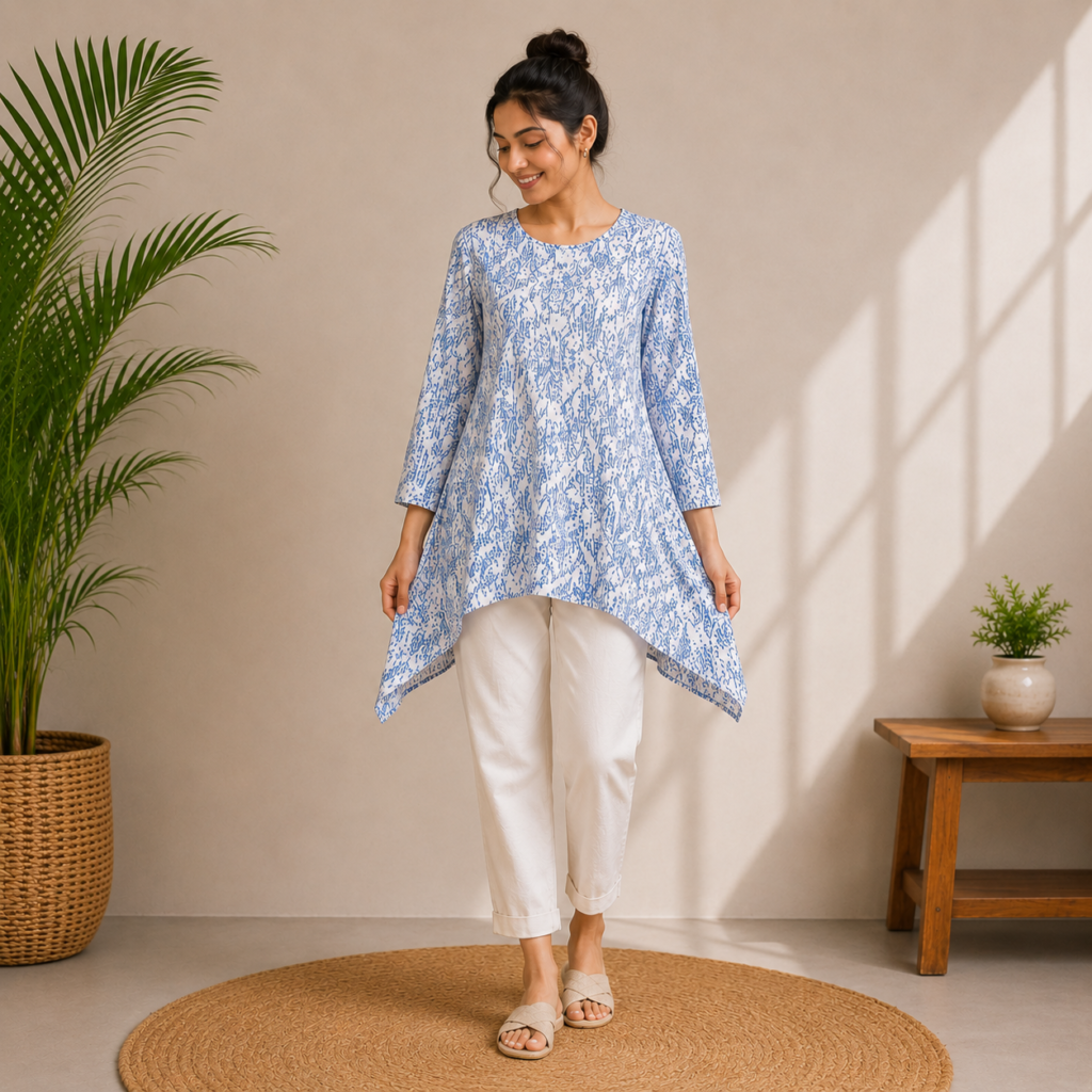 Blue & White Printed Asymmetric Tunic Fron