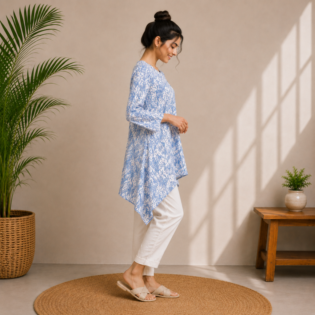 Blue & White Printed Asymmetric Tunic Side