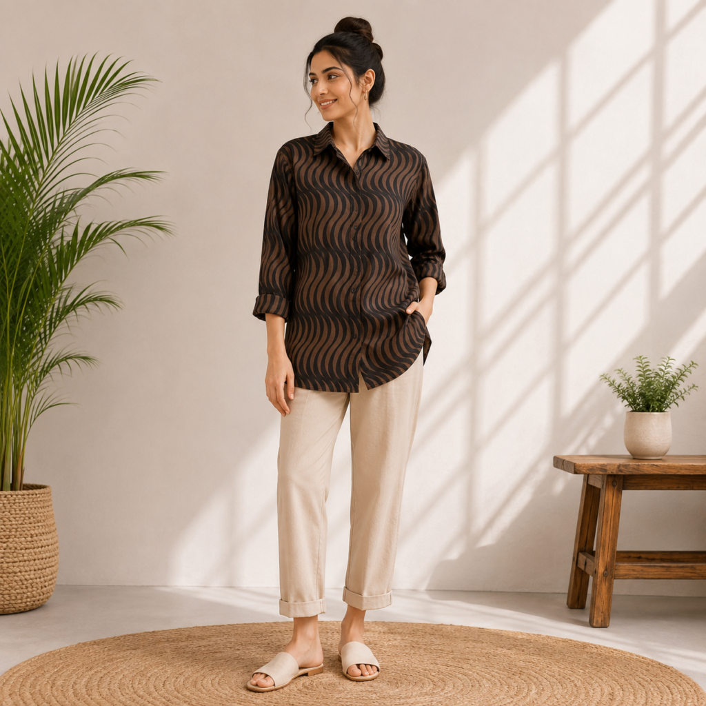 Brown Wave Print Tunic Front