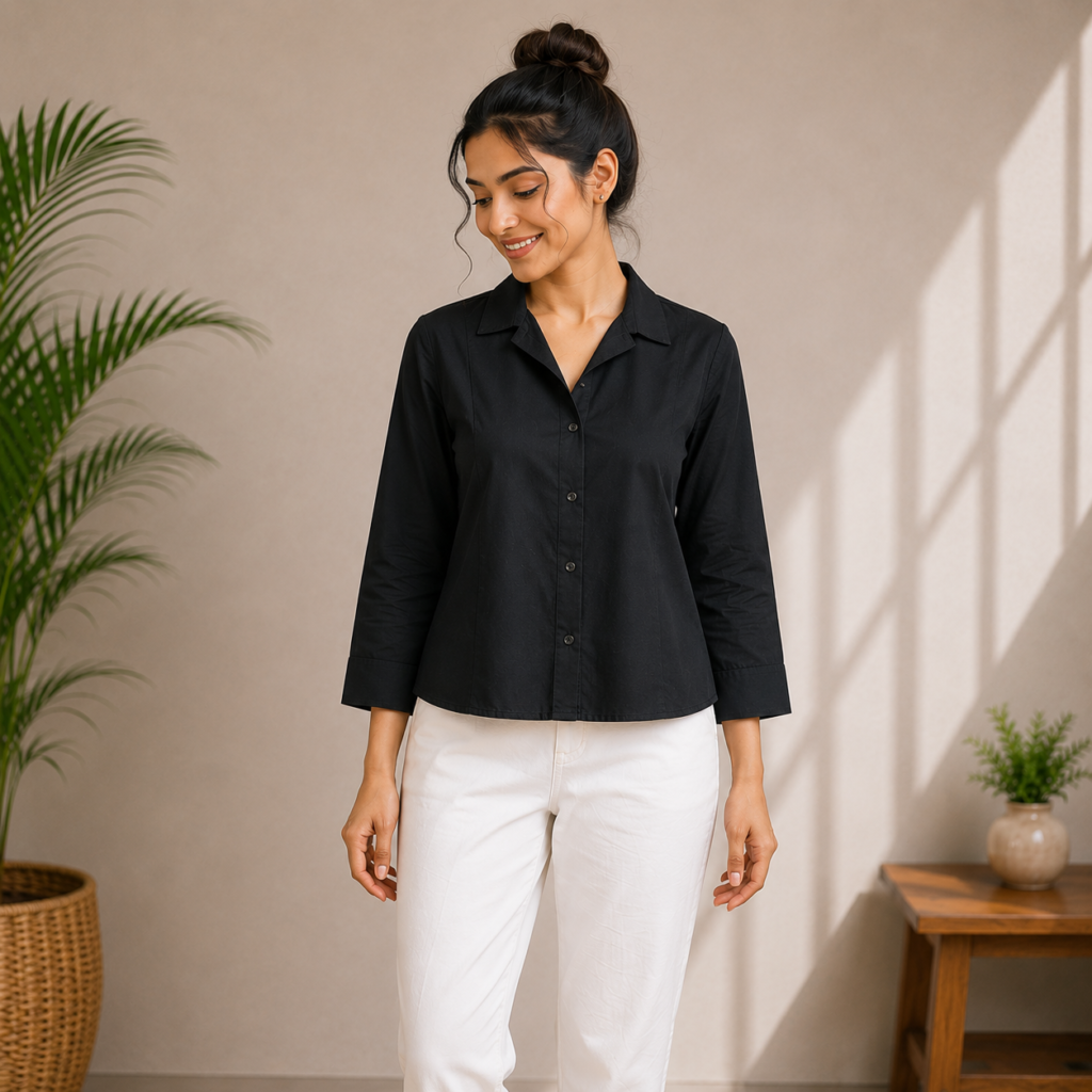 Classic Black Collared Casual Shirt Front