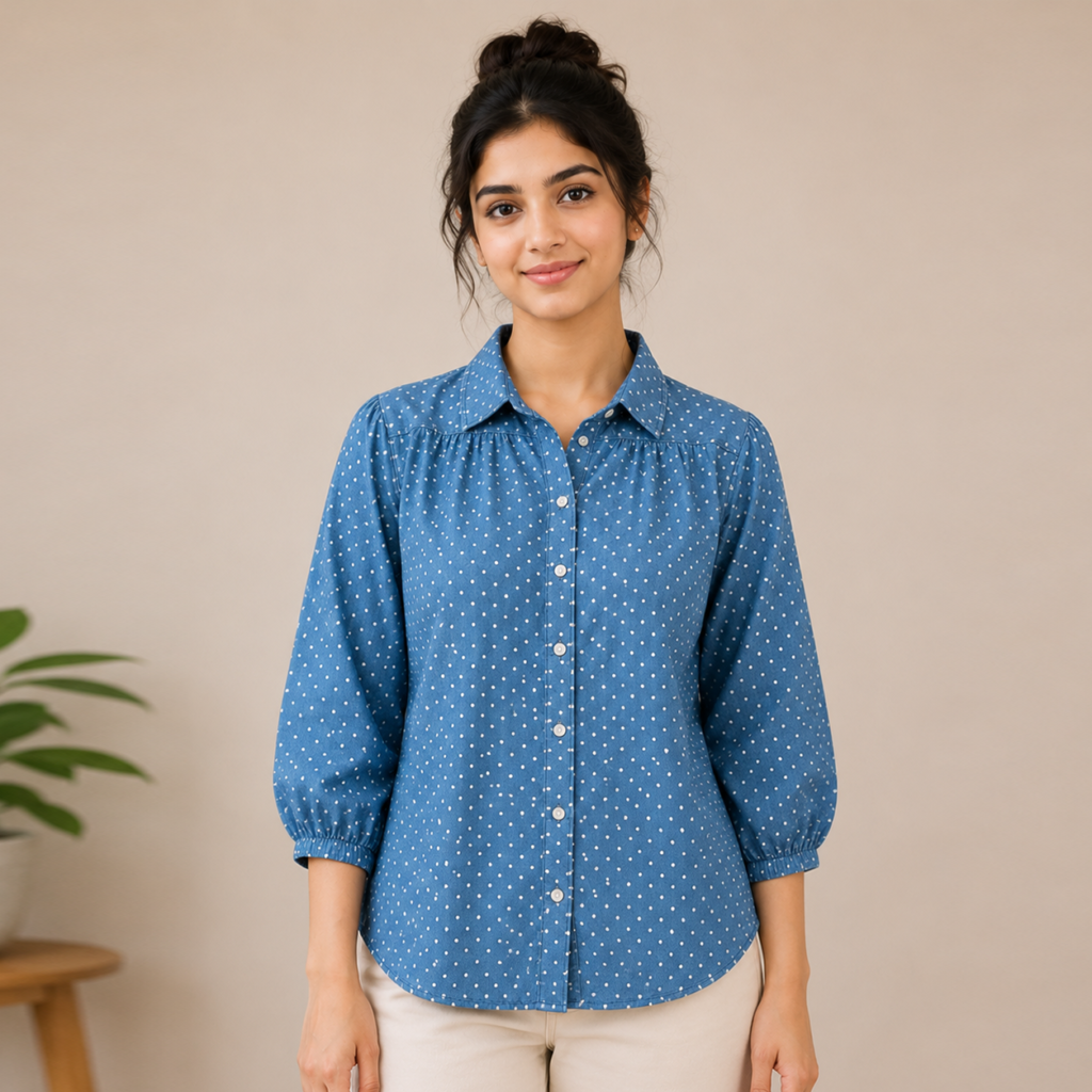 Denim-Blue-Polka-Dot-Puff-Sleeve-Shirt-Front