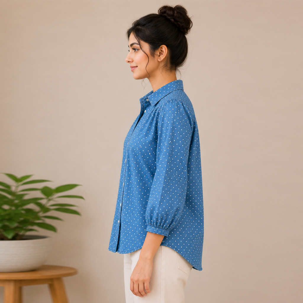 Denim-Blue-Polka-Dot-Puff-Sleeve-Shirt-Side