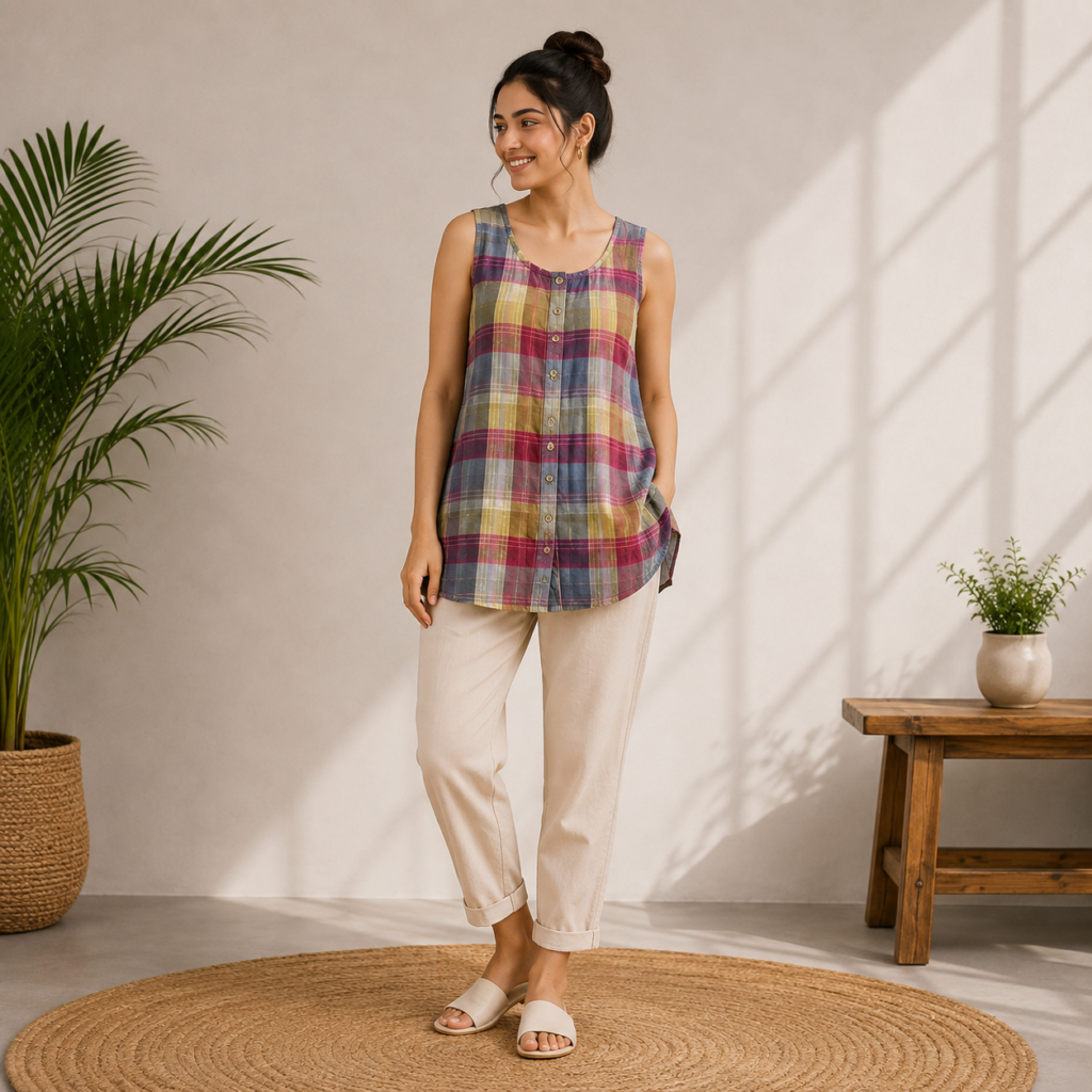 Multicolor Plaid Sleeveless Tunic Front