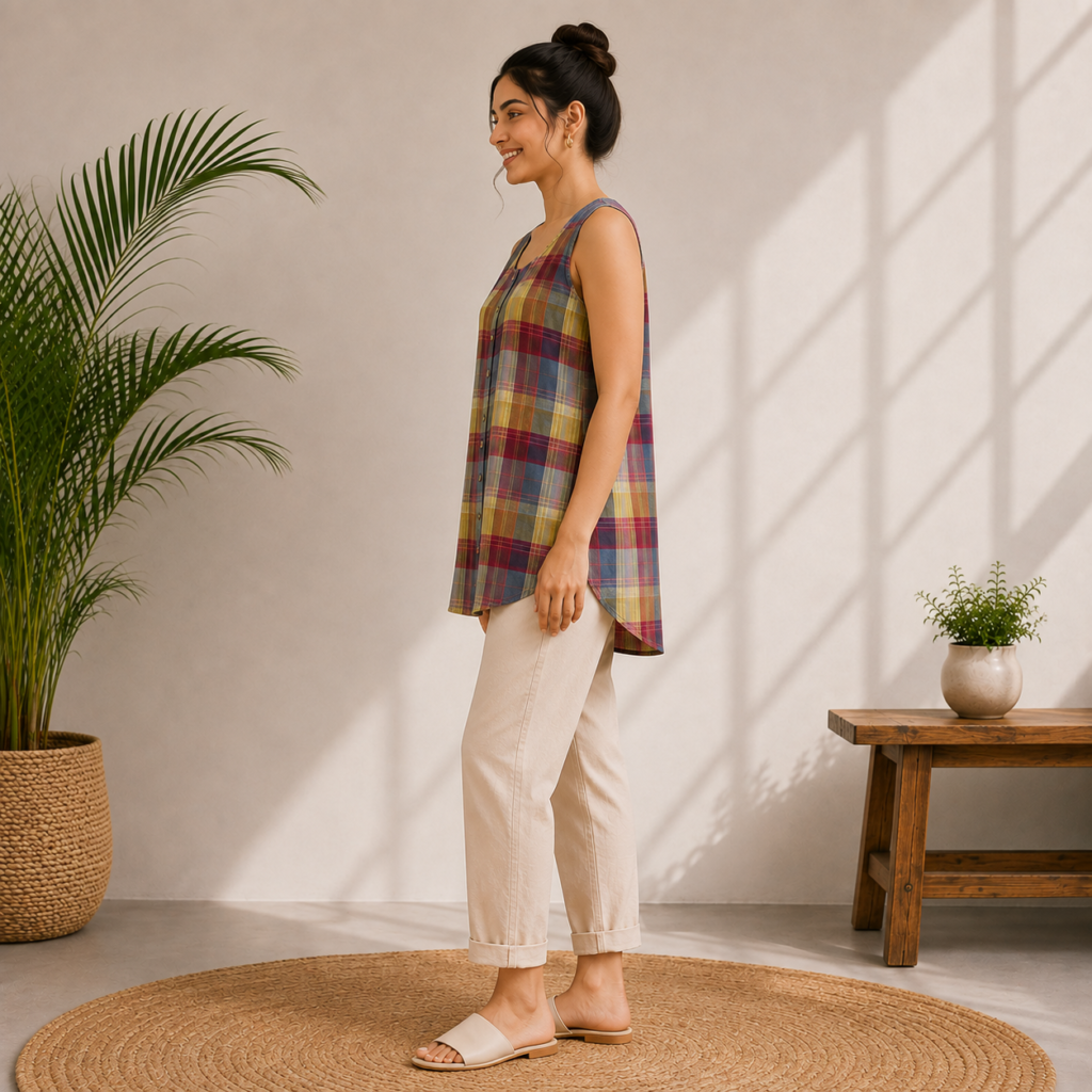 Multicolor Plaid Sleeveless Tunic Side