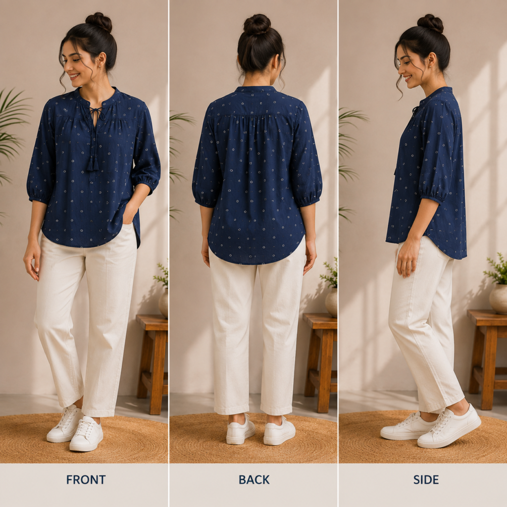 Navy Blue Printed Tie-Neck Top