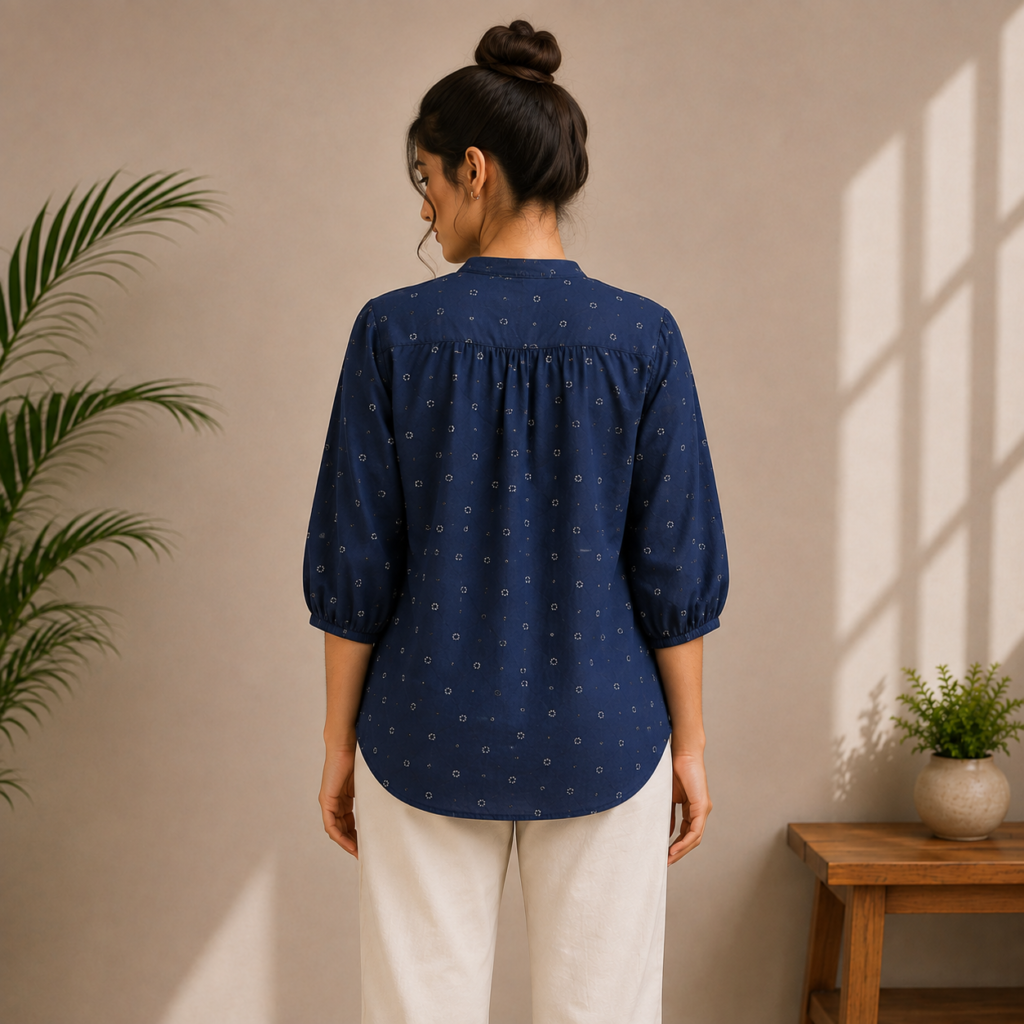 Navy Blue Printed Tie-Neck Top Back