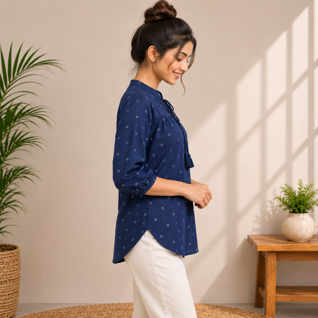 Navy Blue Printed Tie-Neck Top Side