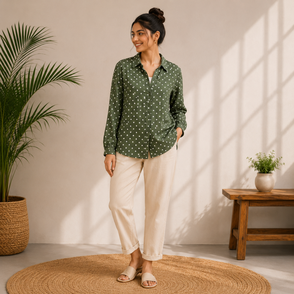 Olive Polka Dot Casual Shirt Fromt