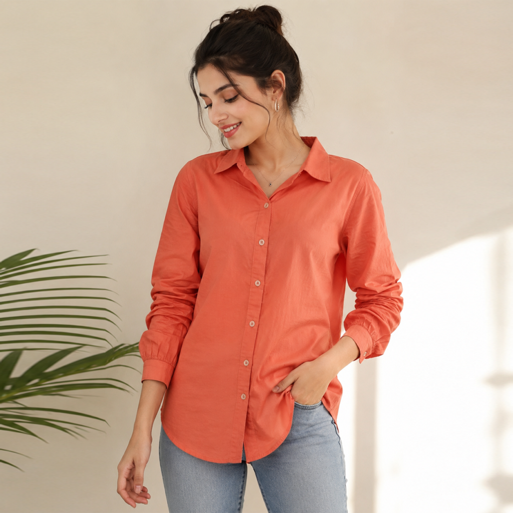 Women’s Solid Coral Orange Full Sleeve Shirt