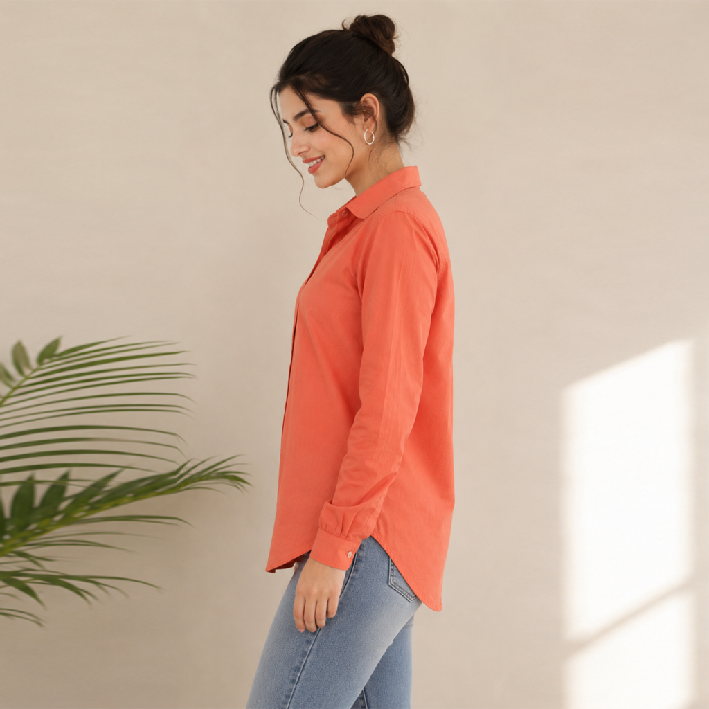 Women’s Solid Coral Orange Full Sleeve Shirt