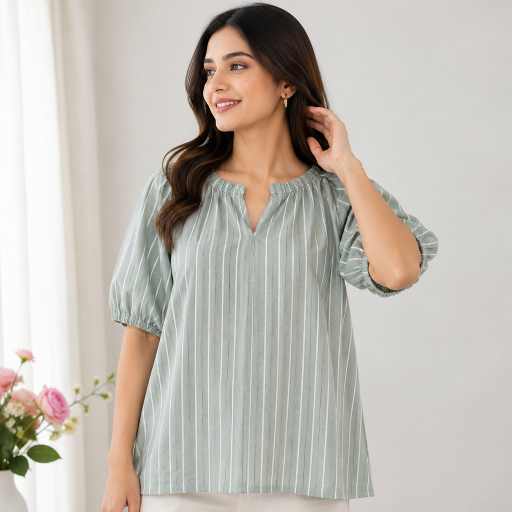 Pastel Green Puff Sleeve Top Front