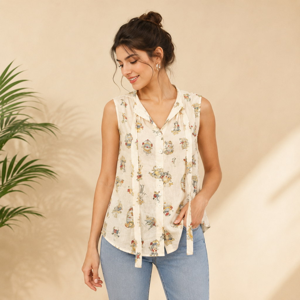 Women’s Printed Sleeveless Button-Down Casual Top Front