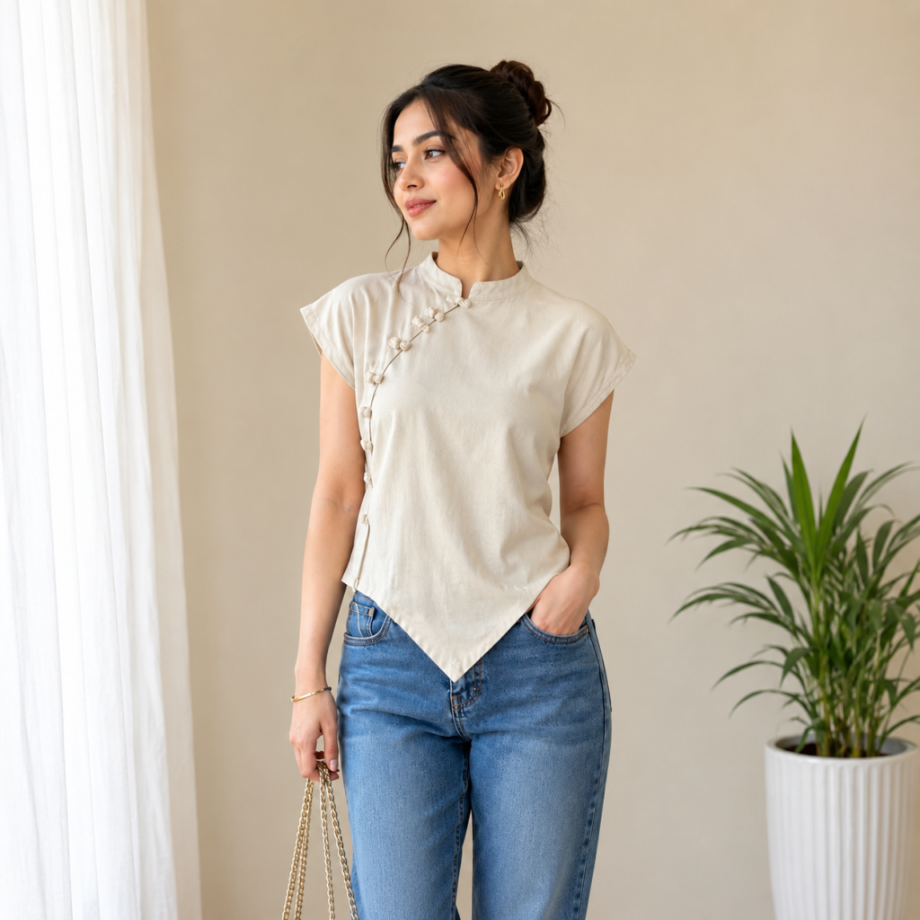 Women’s Solid Mandarin Collar Stylish Top Front