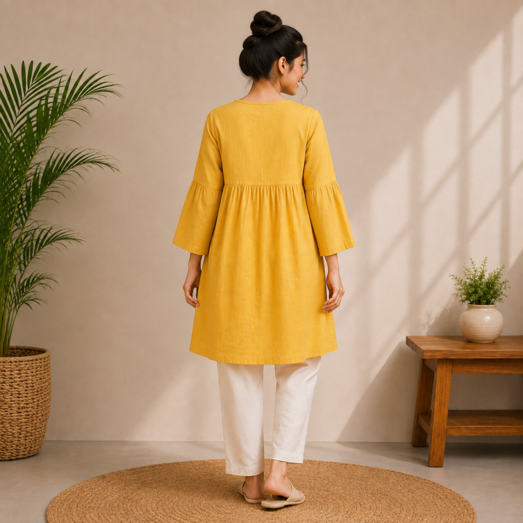 Yellow Floral Embroidery Casual Kurti Back