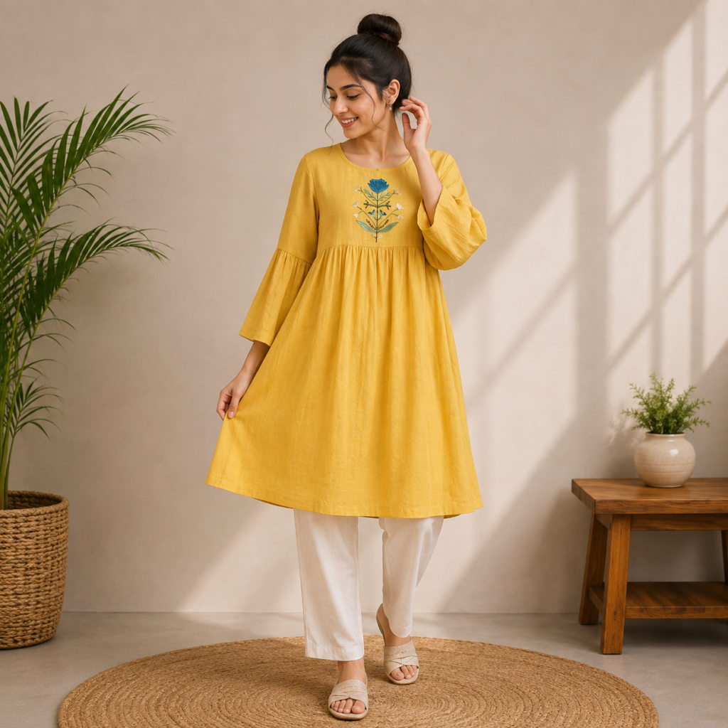 Yellow Floral Embroidery Casual Kurti Front