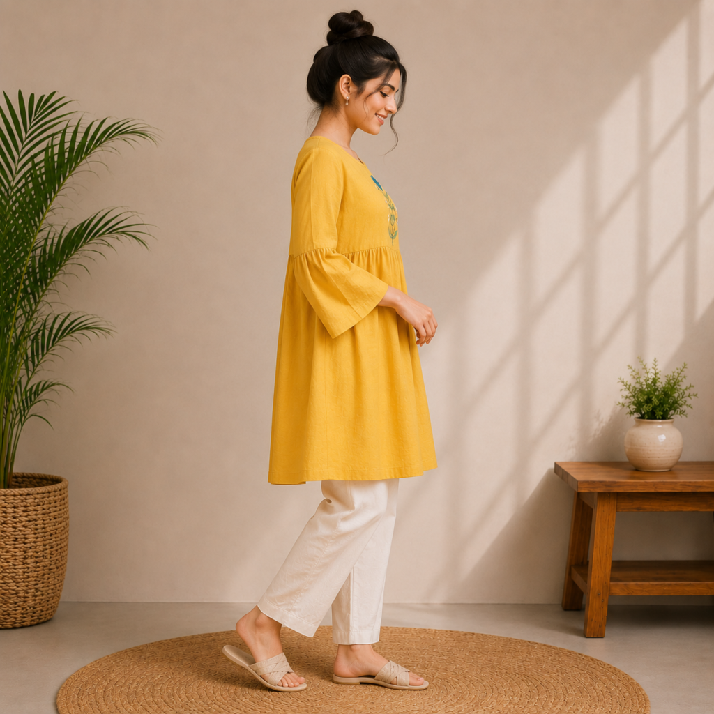 Yellow Floral Embroidery Casual Kurti Side