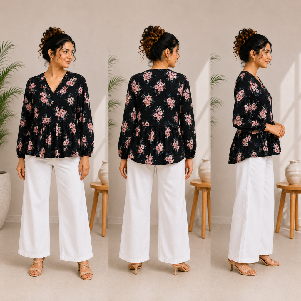 Black Floral Peplum Top