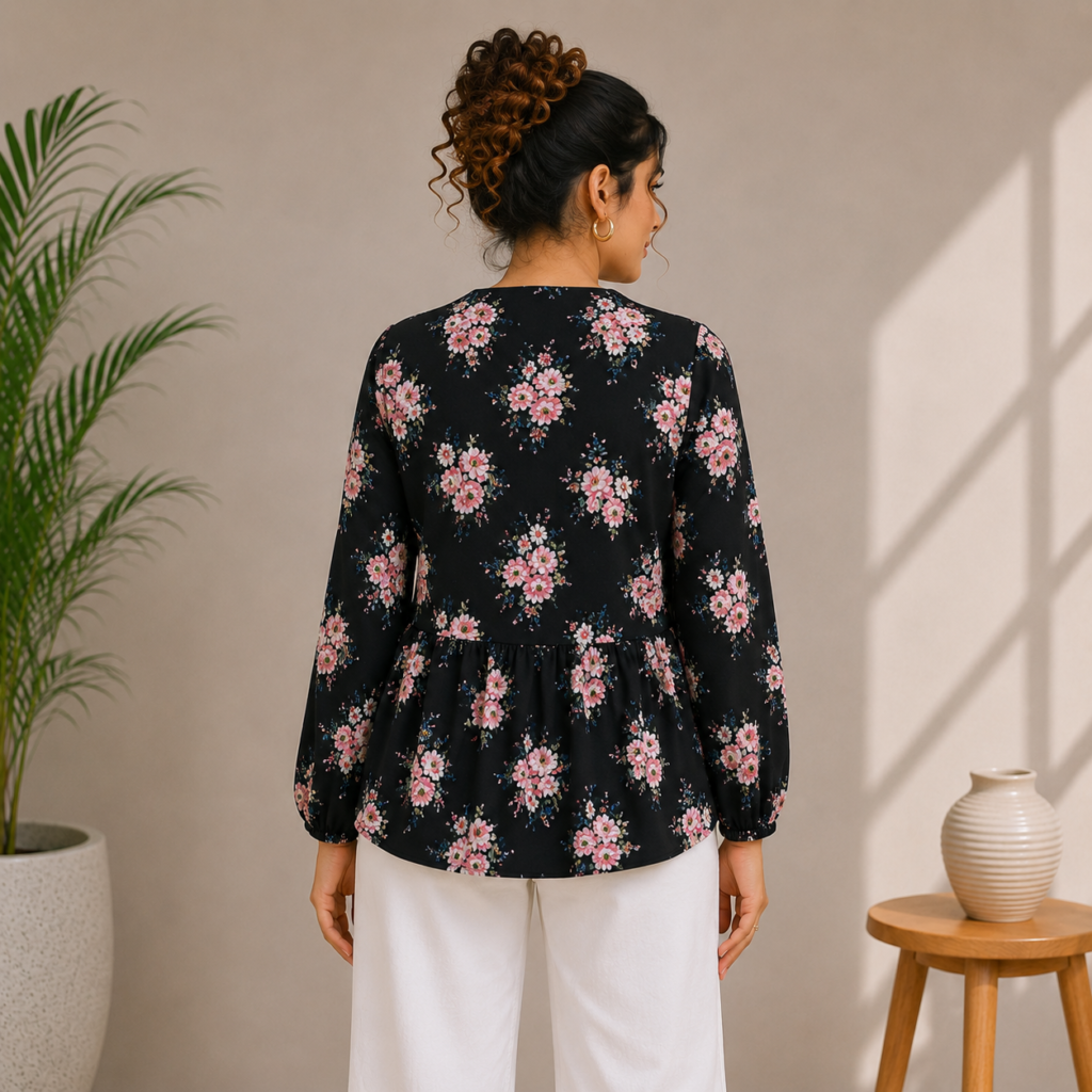 Black Floral Peplum Top Back