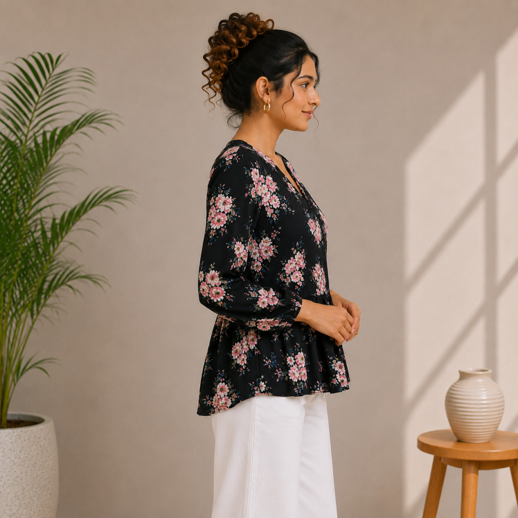 Black Floral Peplum Top S