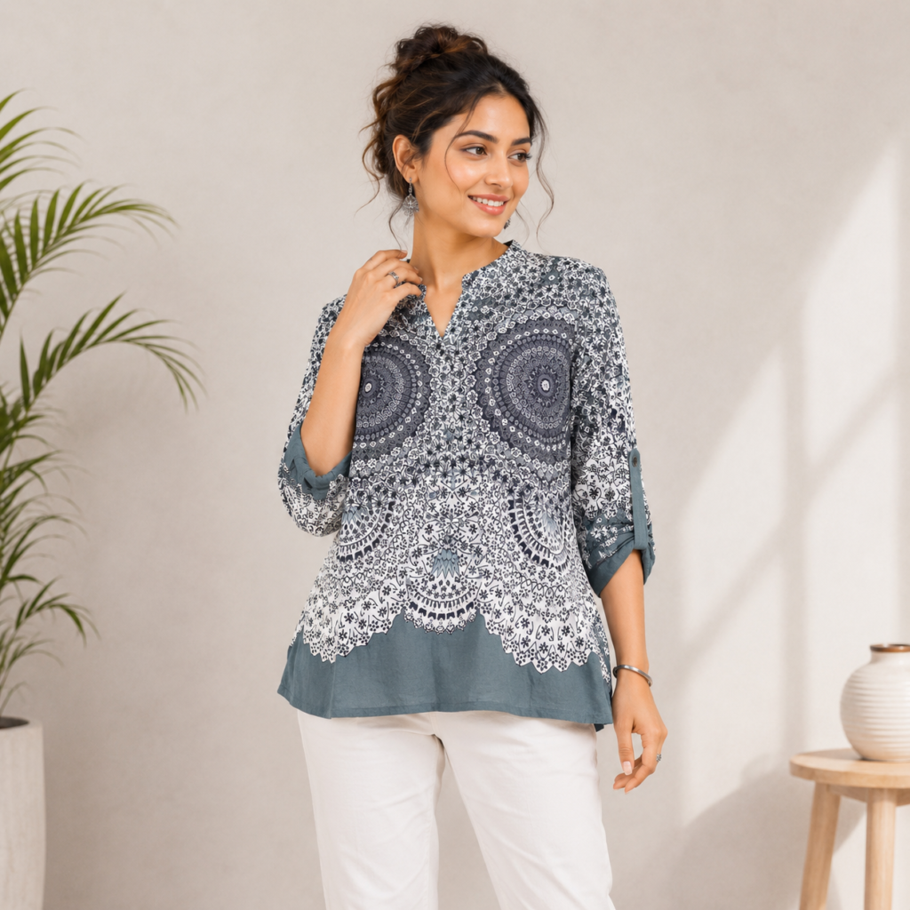 Blue Printed Mandala Tunic Top