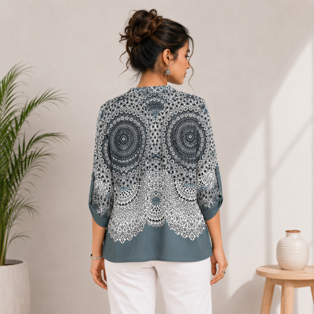 Blue Printed Mandala Tunic Top Back