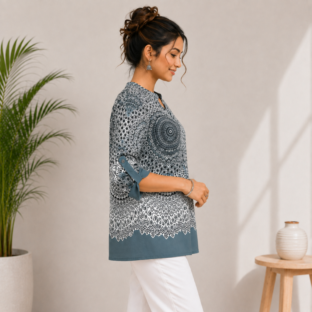 Blue Printed Mandala Tunic Top Side
