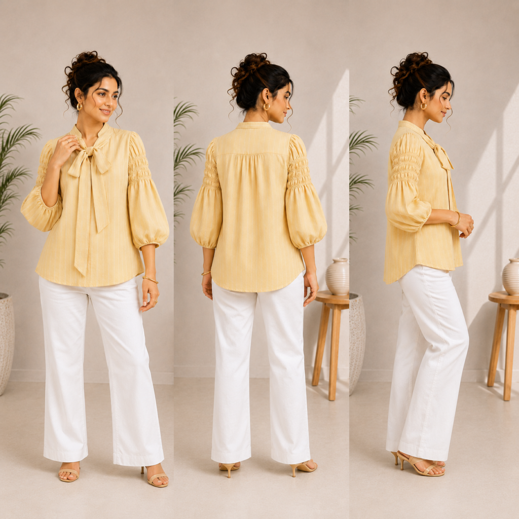Lemon Yellow Bow Neck Puff Sleeve Top
