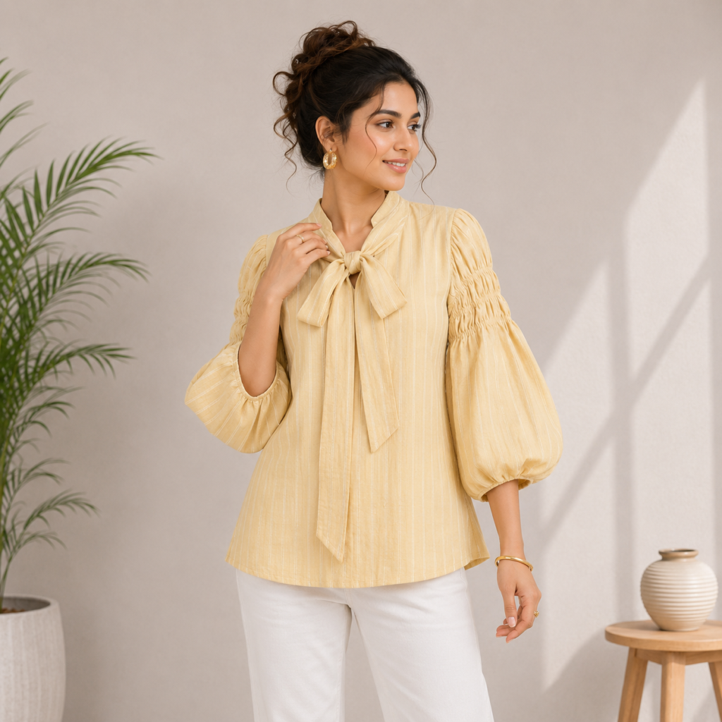 Lemon Yellow Bow Neck Puff Sleeve Top