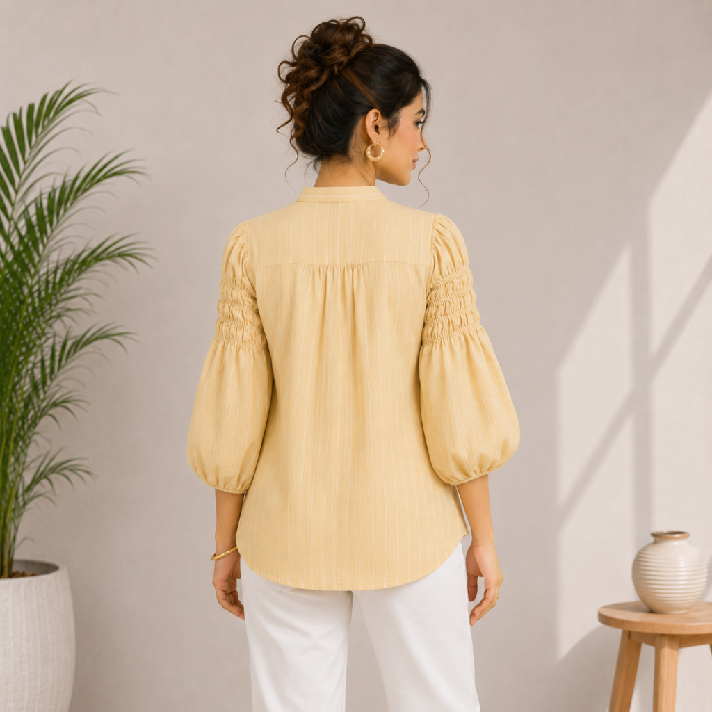 Lemon Yellow Bow Neck Puff Sleeve Top Back