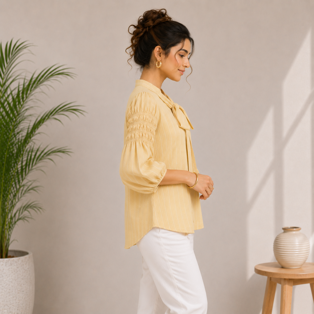 Lemon Yellow Bow Neck Puff Sleeve Top Side