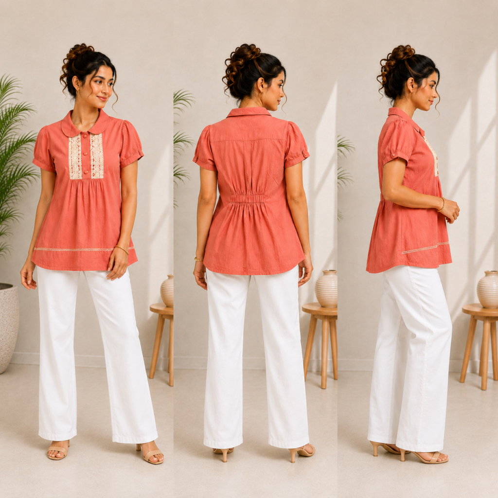 Orange Lace Detail Puff Sleeve Top
