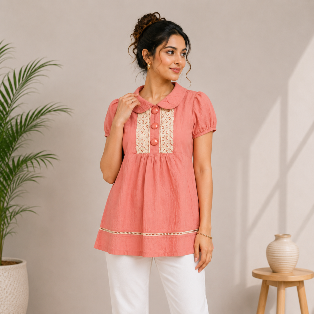 Orange Lace Detail Puff Sleeve Top