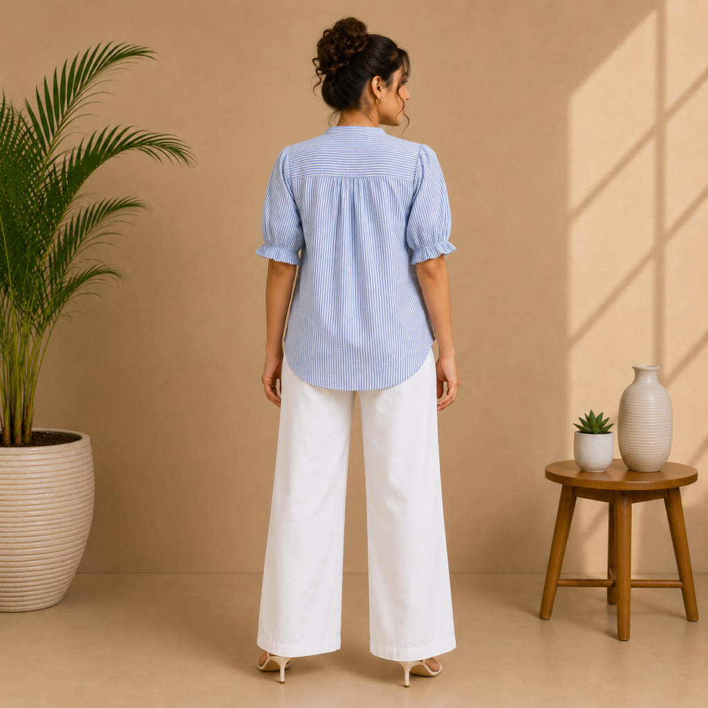 Women’s Blue & White Striped Puff Sleeve Top Back