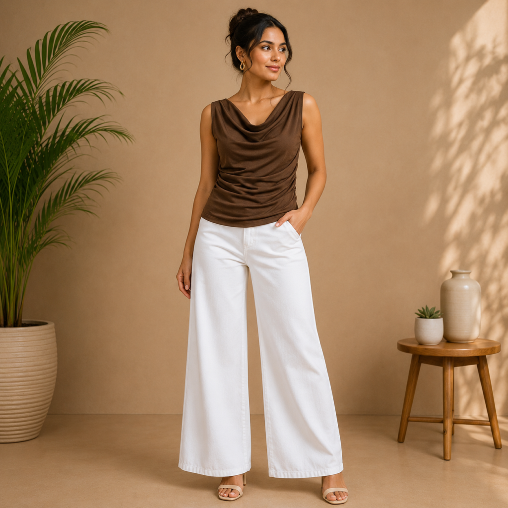 Women’s Brown Cowl Neck Draped Top Front