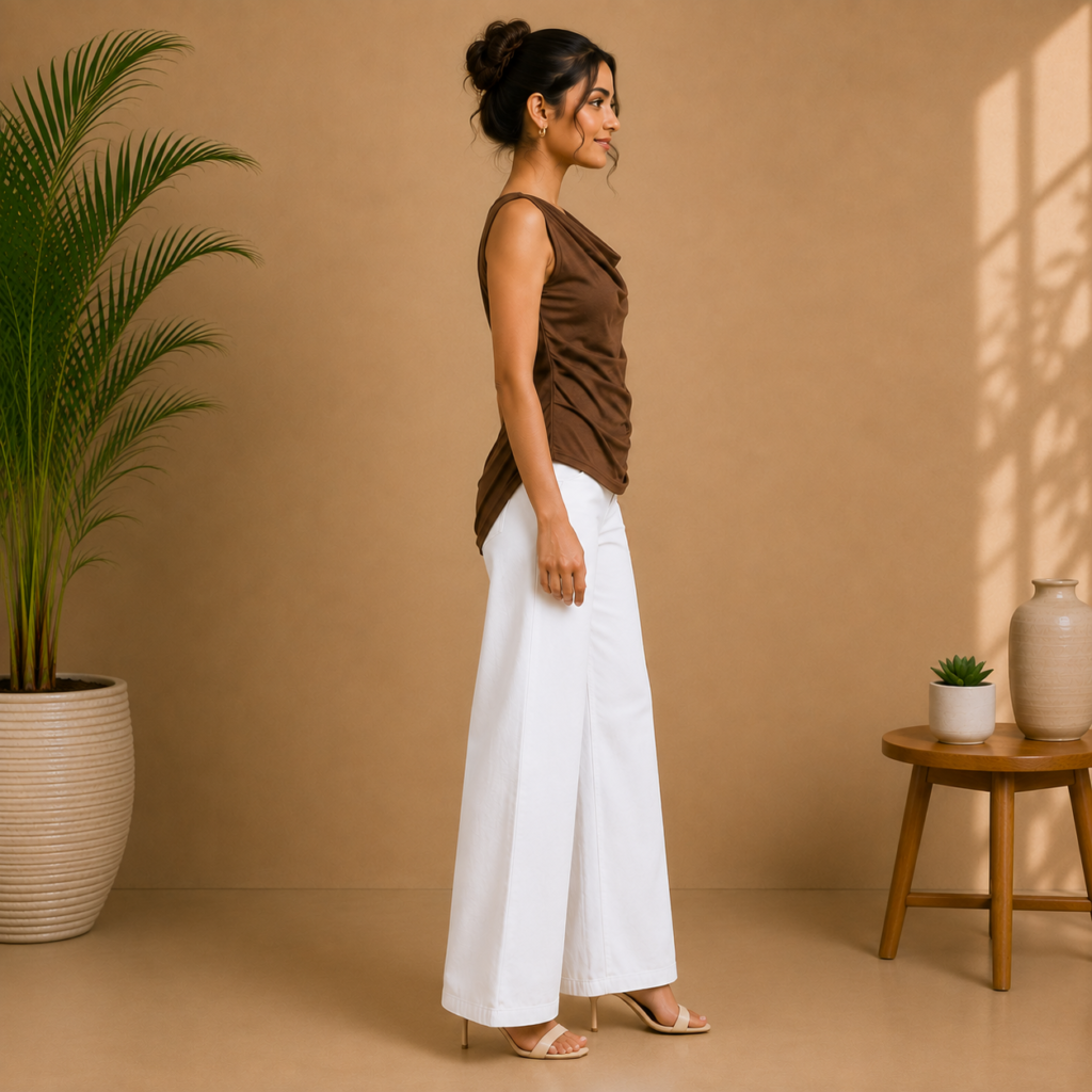 Women’s Brown Cowl Neck Draped Top Side