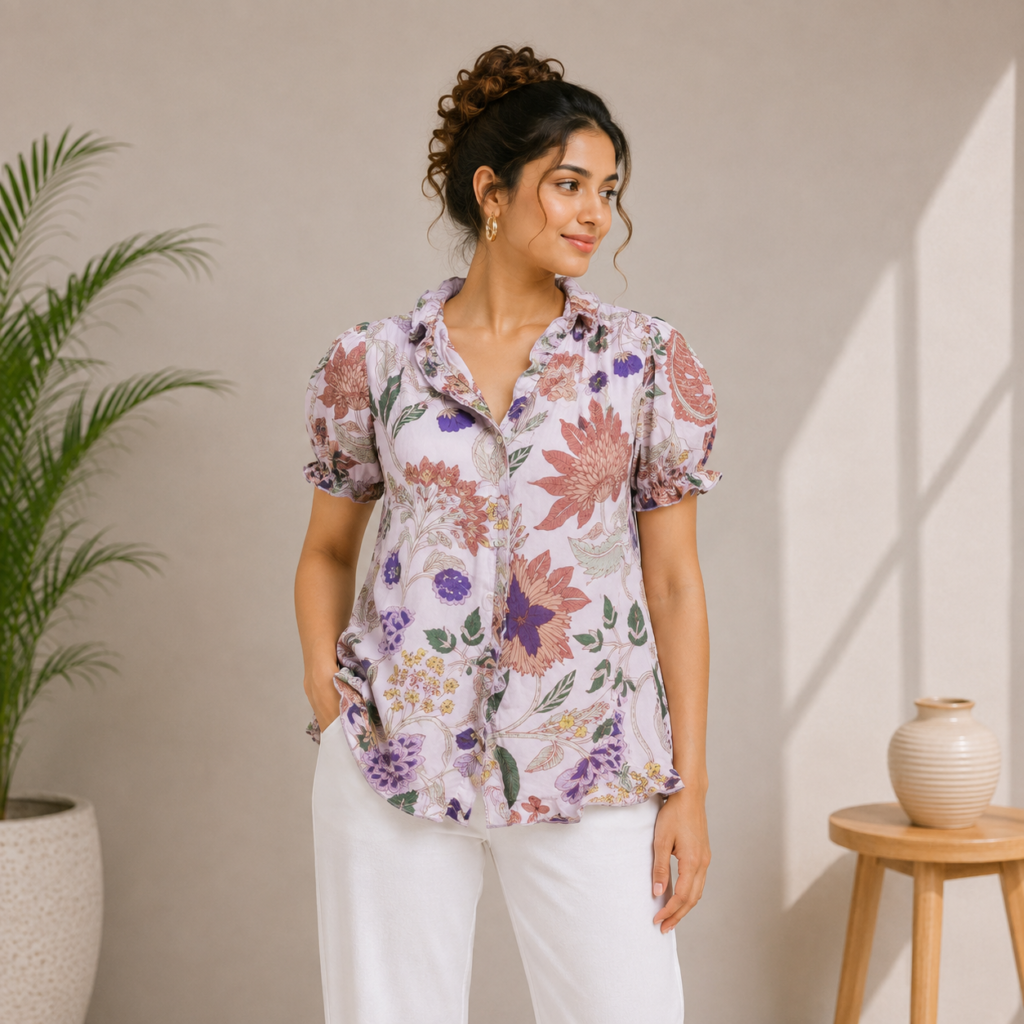 Women’s Floral Printed Short Sleeve Shirt Front