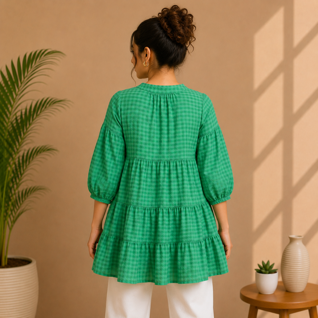 Women’s Green Gingham Tiered Tunic Back