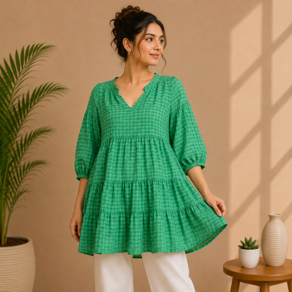 Women’s Green Gingham Tiered Tunic Front