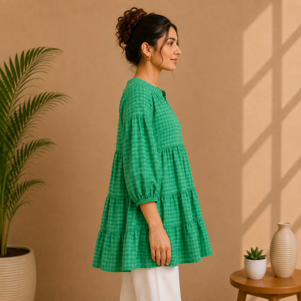 Women’s Green Gingham Tiered Tunic Side
