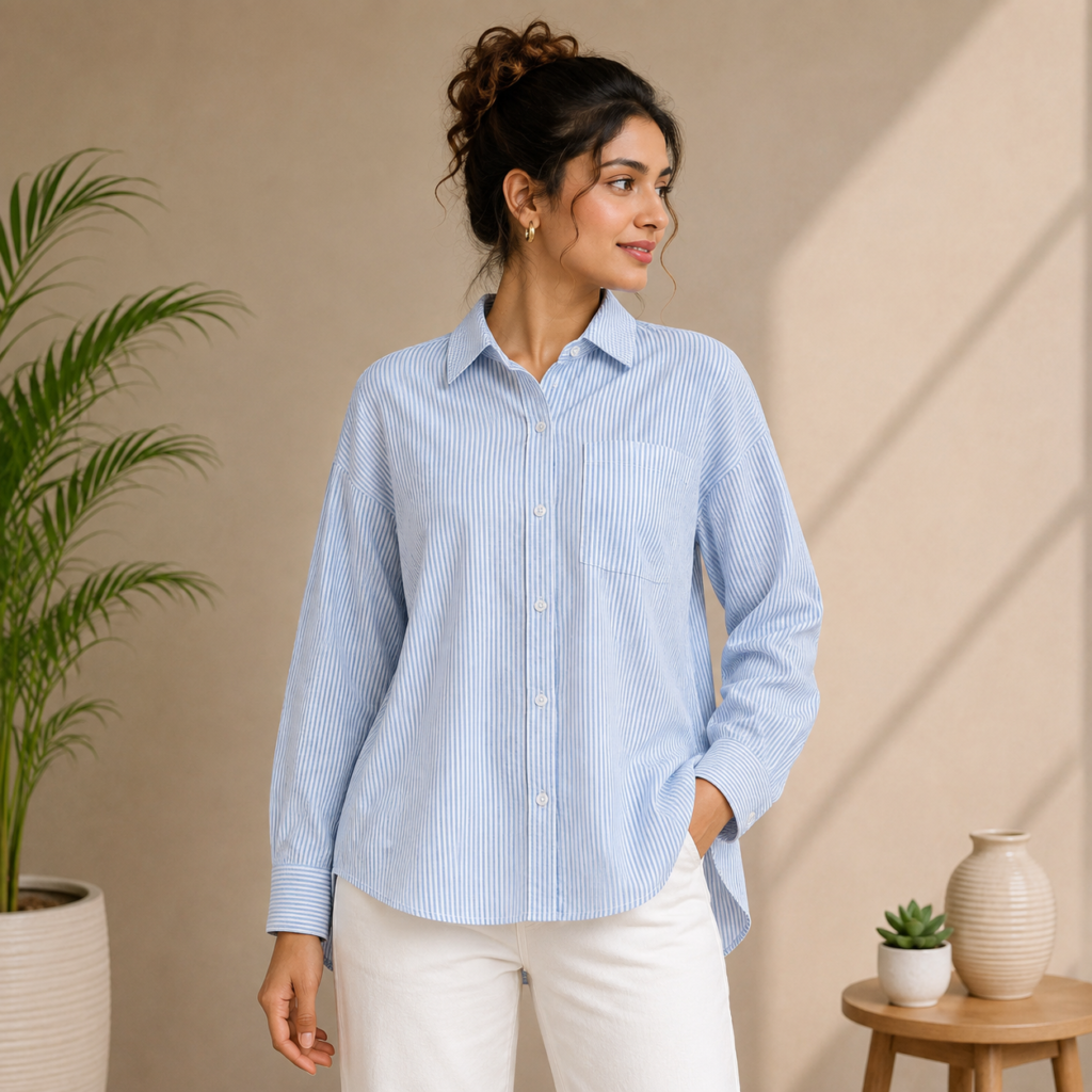 Women’s Light Blue Striped Oversized Shirt Front