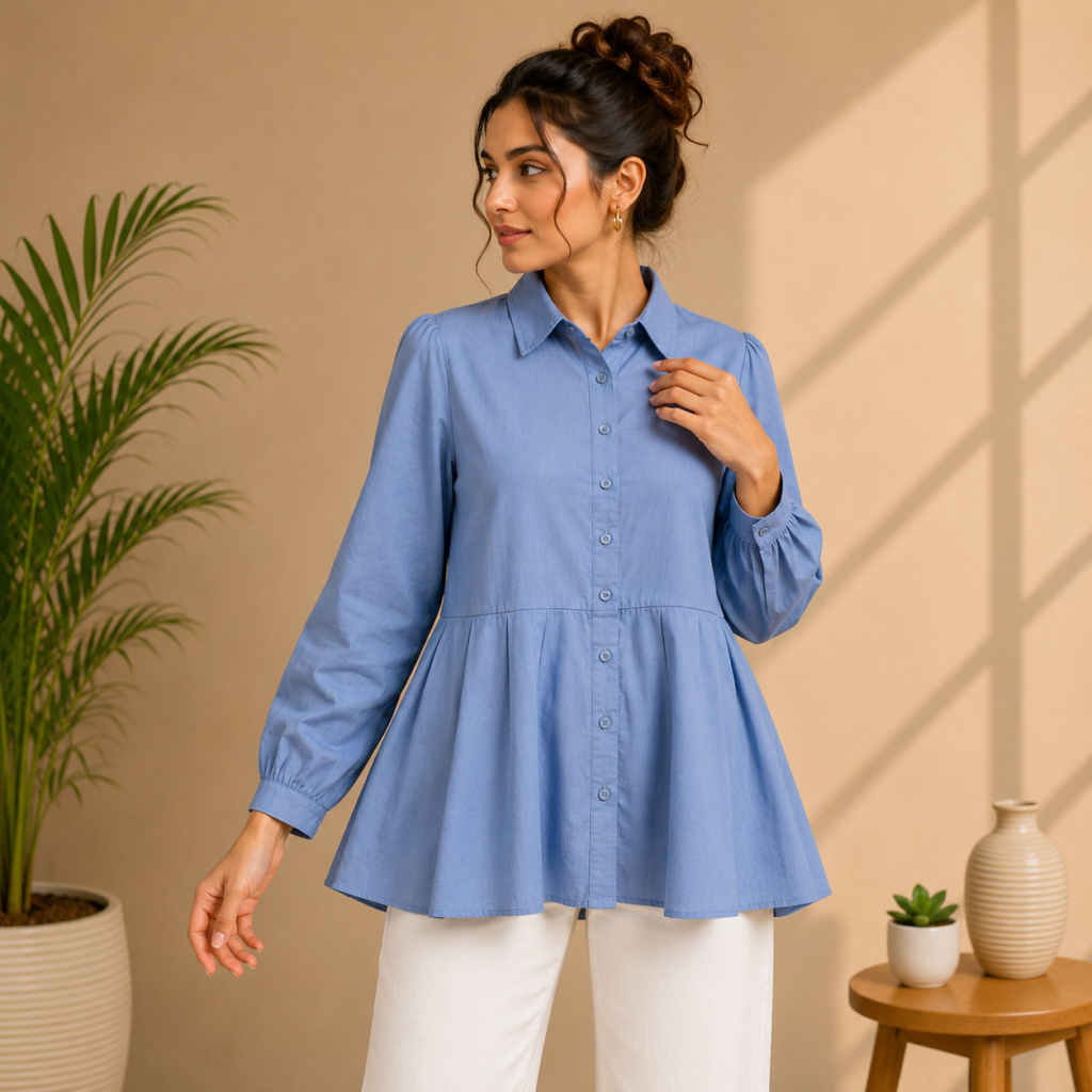 Women’s Sky Blue Peplum Shirt Front