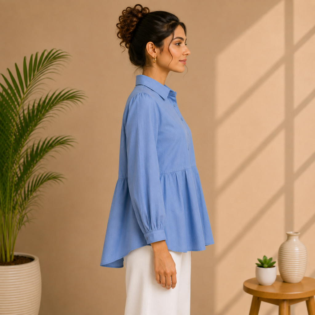 Women’s Sky Blue Peplum Shirt Side